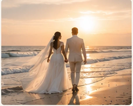 Casal caminhando na praia ao pôr do sol