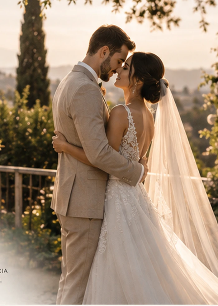 Casal em casamento ao ar livre